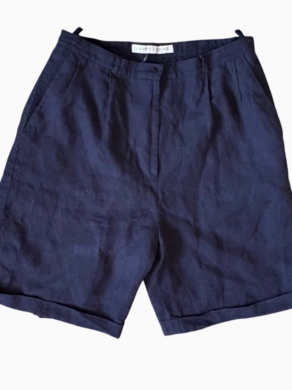 Larry Levine Navy Blue Flat-Front Linen Cotton Shorts Waist  28” Flat